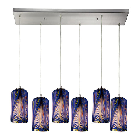 Molten 6 Light Pendant In Satin Nickel And Molten Ocean Glass