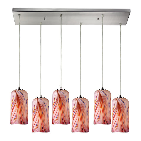 Molten 6 Light Pendant In Satin Nickel And Molten Rose Glass