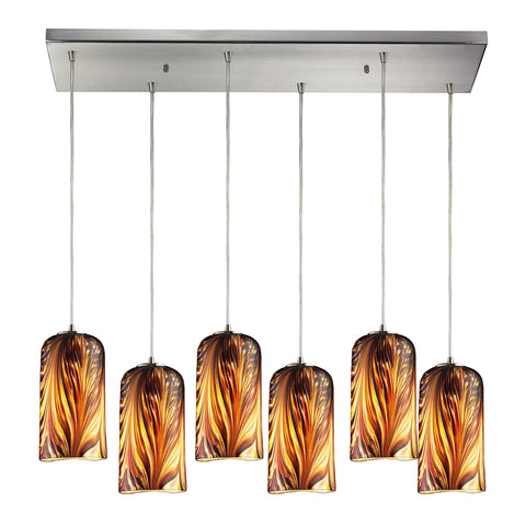 Molten 6 Light Pendant In Satin Nickel And Molten Sunset Glass