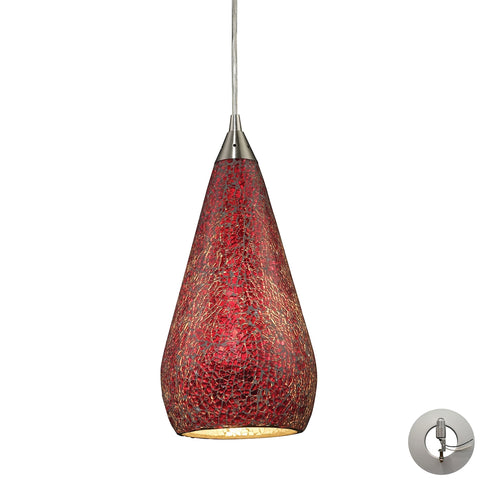 Curvalo 1 Light Pendant In Satin Nickel And Ruby Crackle Glass - Includes Recessed Lighting Kit