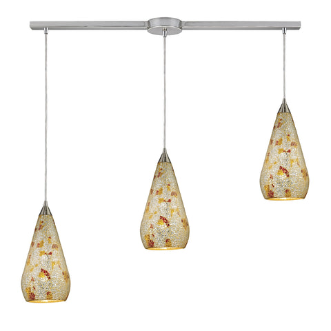 Curvalo 3 Light Pendant In Satin Nickel And Silver Multi Crackle Glass