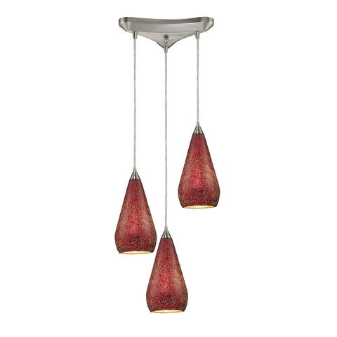 Curvalo 3 Light Pendant In Satin Nickel And Ruby Crackle Glass