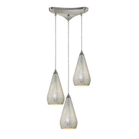 Curvalo 3 Light Pendant In Satin Nickel And Silver Crackle Glass