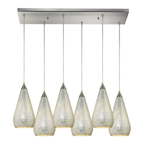 Curvalo 6 Light Pendant In Satin Nickel And Silver Crackle Glass