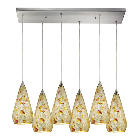 Curvalo 6 Light Pendant In Satin Nickel And Silver Mutli Crackle Glass