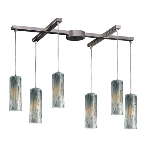 Maple 6 Light Pendant In Satin Nickel And Maple Dusk Glass