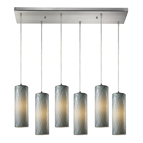 Maple 6 Light Pendant In Satin Nickel And Maple Dusk