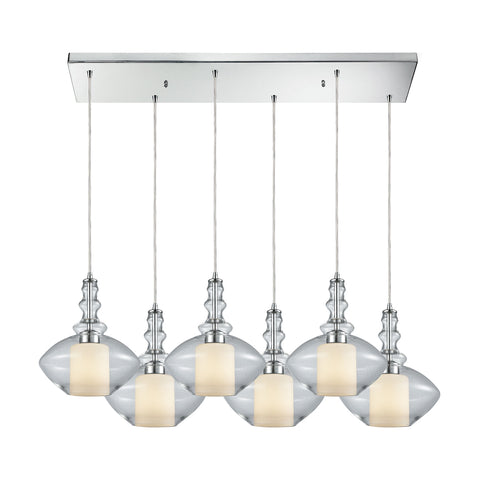 Alora 6 Light Rectangle Pendant In Polished Chrome With Opal White Glass Inside Clear Glass