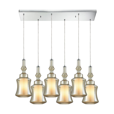 Alora 6 Light Rectangle Pendant In Polished Chrome With Opal White Glass Inside Champagne Plated Glass