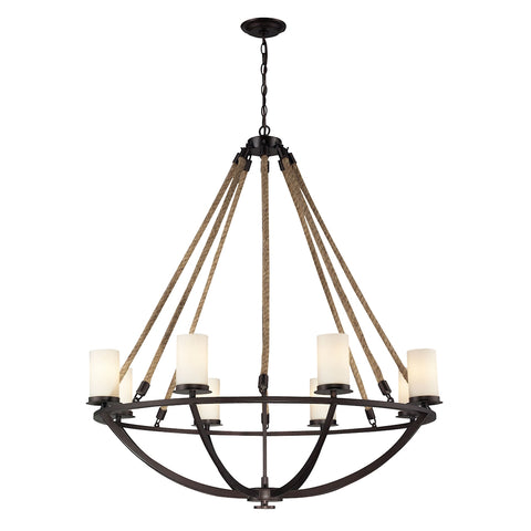 Natural Rope 8 Light Chandelier In Aged Bronze And White Glass