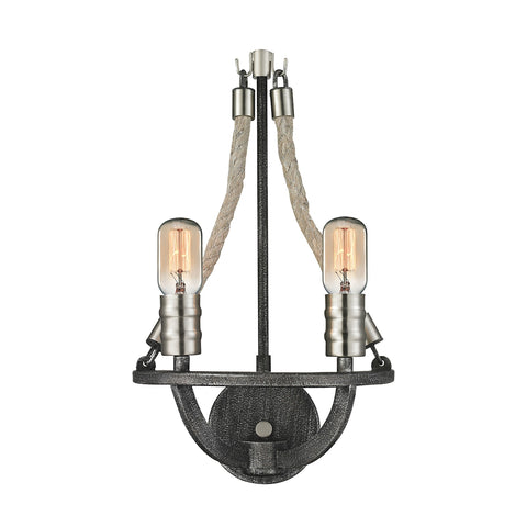 Natural Rope 2 Light Sconce In Silvered Graphite With Polished Nickel Accents