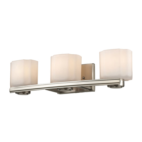 New Haven 3 Light Vanity In Brushed Nickel And Frosted White Glass