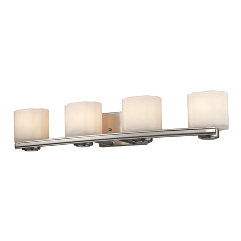 New Haven 4 Light Vanity In Brushed Nickel And Frosted White Glass