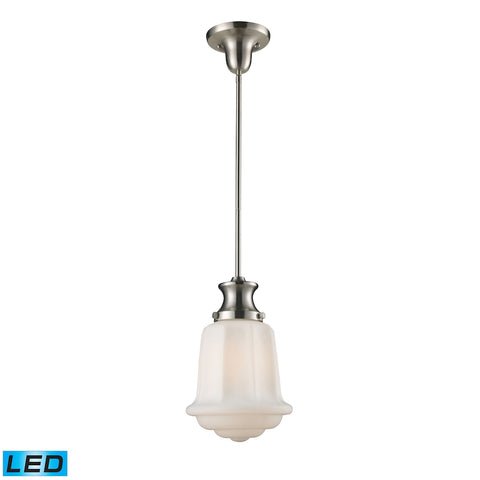 Schoolhouse Pendants 1 Light LED Pendant In Satin Nickel And White Glass