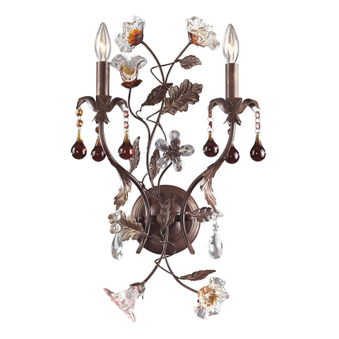 Cristallo Fiore 2 Light Wall Sconce In Deep Rust With Crystal Florets