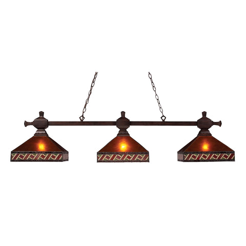 Santa Fe 3 Light Billiard In Mission Bronze With Mica And Tiffany Glass