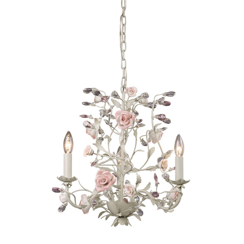 Heritage 3 Light Chandelier In Cream With Pink Porcelain Accents