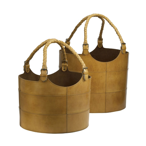 Nested Caramel Leather Buckets - Set of 2