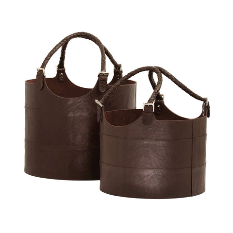 Nested Espresso Leather Buckets - Set of 2