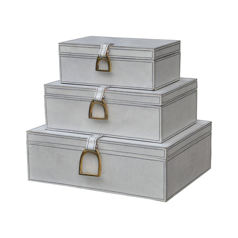 Nested White Leather And Brass Boxes