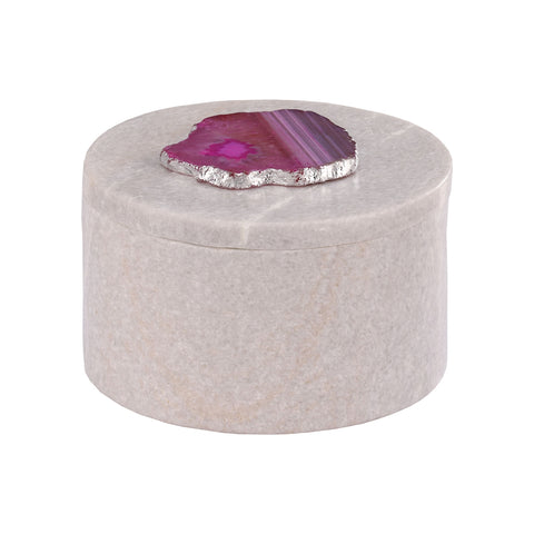 Antilles Round Box In White Marble And Pink Agate