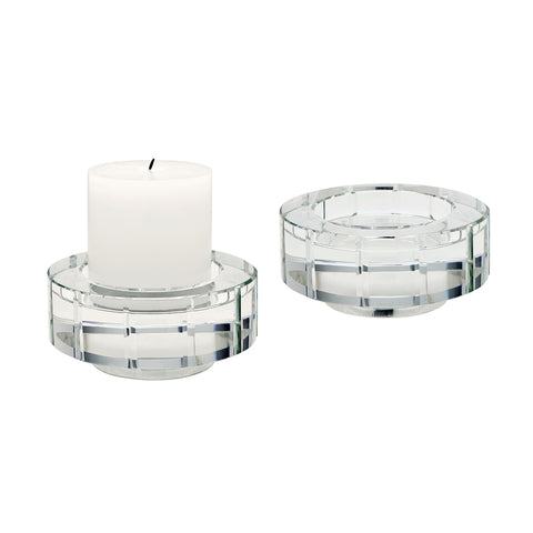 Large Round Windowpane Crystal Candleholders - Set of 2