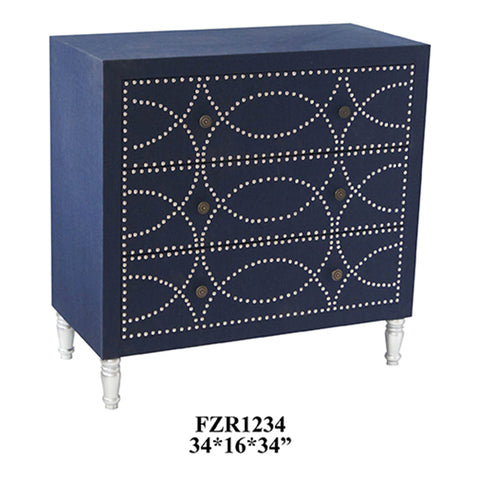 Crestview Cobalt Blue Fabric and Chrome Nailhead 3 Drawer Chest CVFZR1234