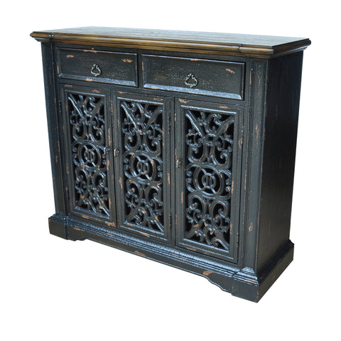 Crestview Nottingham 3 Pierced Door Distressed Black Cabinet CVFZR1444