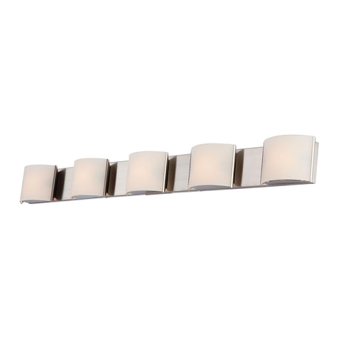 Pandora 5 Light Vanity In Polished Matte Nickel And White Opal Glass