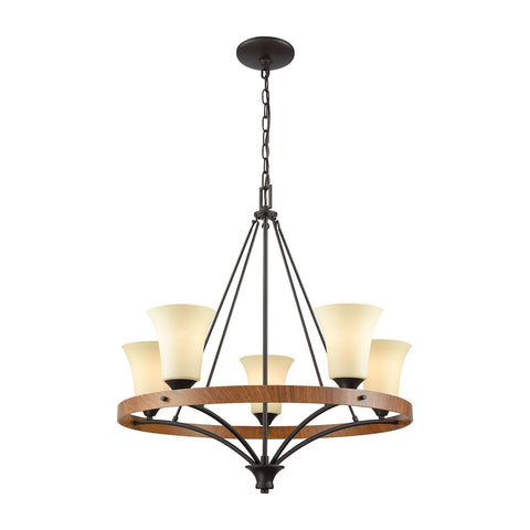 Park City 5 Light Chandelier In Oil Rubbed Bronze,Wood Grain And Light Beige Scavo Glass