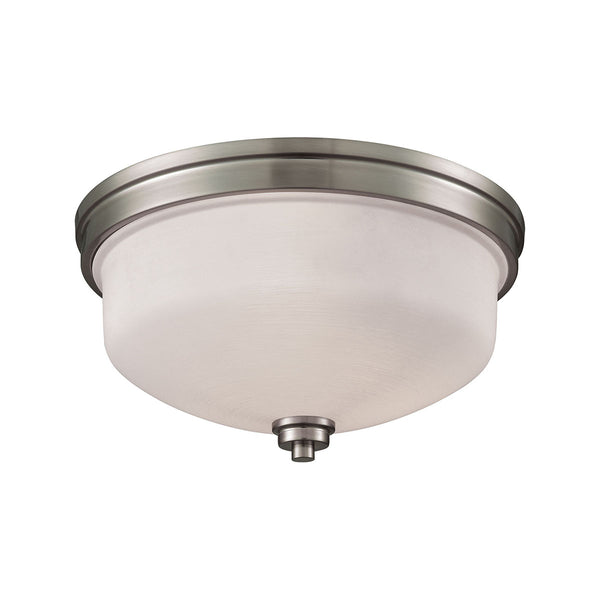 Casual Mission 3 Light Flush In Brushed Nickel With White Lined Glass