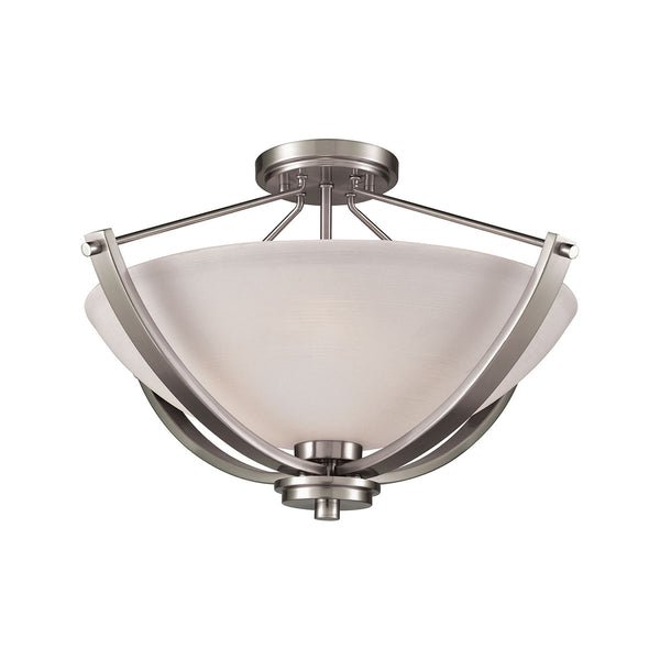 Casual Mission 3 Light Semi Flush In Brushed Nickel With White Lined Glass