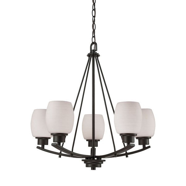 Casual Mission 5 Light Chandelier In Oil Rubbed Bronze With White Lined Glass