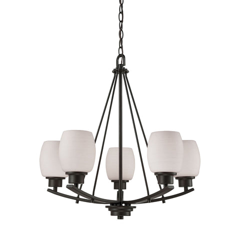 Casual Mission 5 Light Chandelier In Oil Rubbed Bronze With White Lined Glass