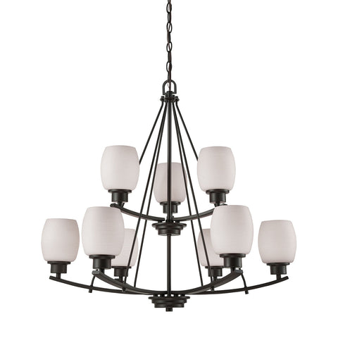 Casual Mission 9 Light Chandelier In Oil Rubbed Bronze With White Lined Glass