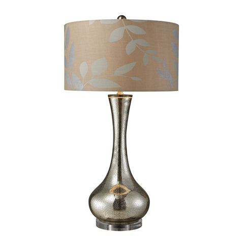Orion Table Lamp In Antique Mercury Blown Glass With Metallic Print On Cream Linen Shade And Cream Fabric Liner