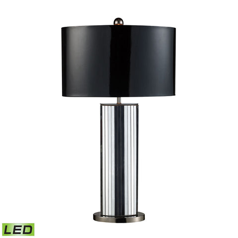Shreve LED Table Lamp In Mirror And Black Nickel With Oval Black Patent Faux Leather Shade And Silver Fabric Liner