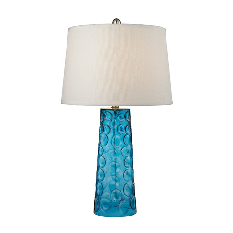 Hammered Glass Table Lamp in Blue With Pure White Linen Shade
