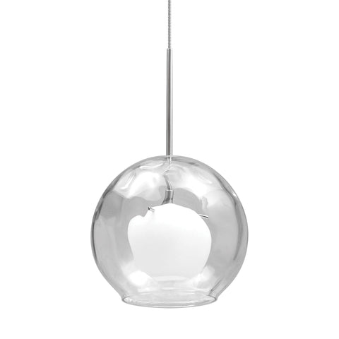 Crescent 1 Light Pendant In Satin Nickel With Clear Outer Glass And White Opal Inner Glass